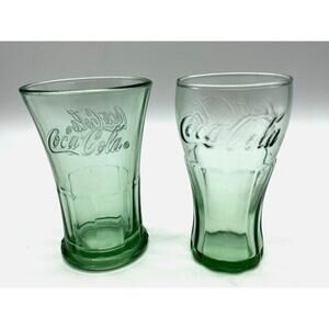 Vintage Coca Cola Green Glass Kids Size Beverage Glasses LOT of 2